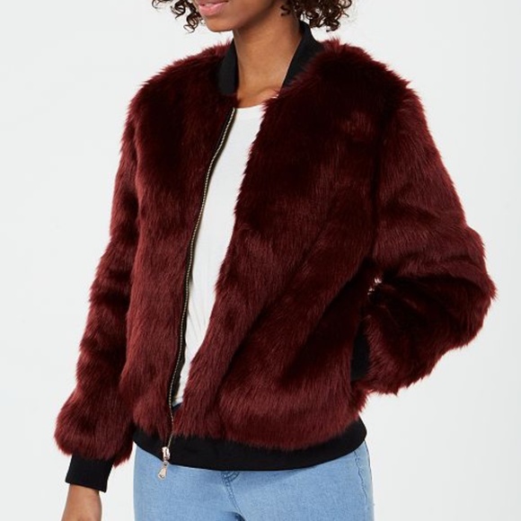 Say What? Jackets & Blazers - Say What? Burgundy Faux Fur Bomber Jacket Size S